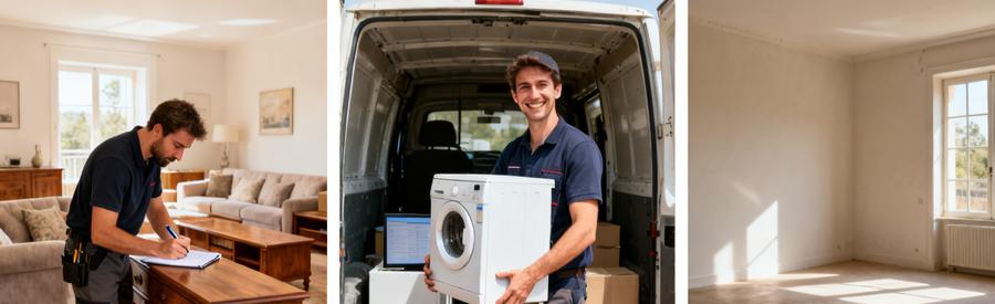 Comparaison des professionnels à Cahors avec des meubles valorisables, chargement d'électroménager et un salon vidé.