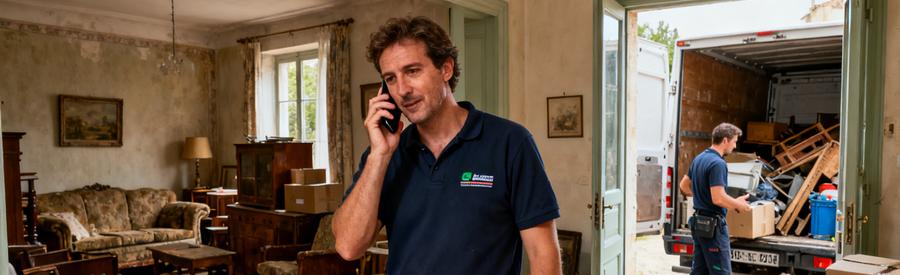 Un professionnel discute de débarras dans un salon encombré, un autre chargent des objets dans une camionnette.