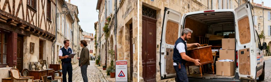 Professionnel de débarras dans une ruelle pavée à Cahors, évaluant des objets et chargeant un véhicule compact.