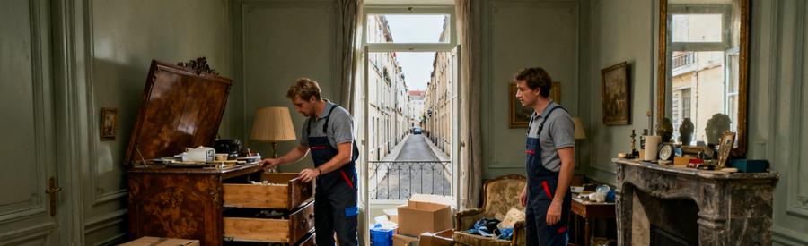 Professionnels évaluant des meubles dans un salon encombré d'une maison mitoyenne à Calais.