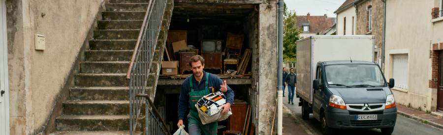 Professionnel du débarras portant des objets dans une maison mitoyenne à Carvin, camionnette garée dans une rue étroite.