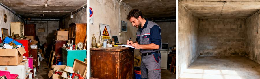 Avant et après le débarras d'une cave à Cenon, avec un professionnel en action et un espace propre.