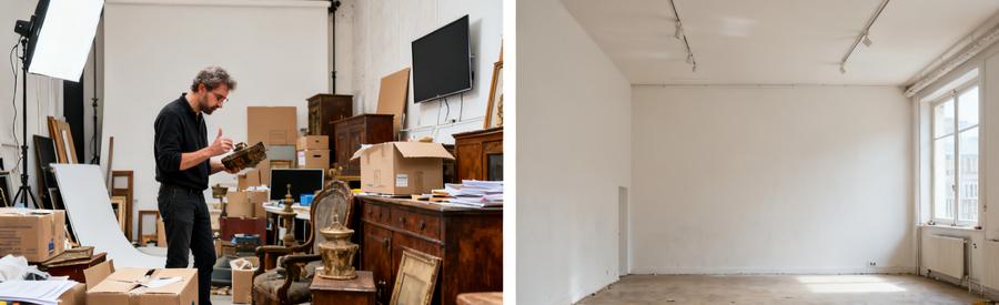 Comparaison d'un studio encombré et d'un studio vide après débarras par des professionnels à Cesson-Sévigné.