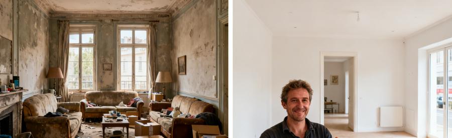 Salon avant et après le débarras, montrant la différence entre un espace encombré et un espace vide prêt à la vente à Chalon-sur-Saône.