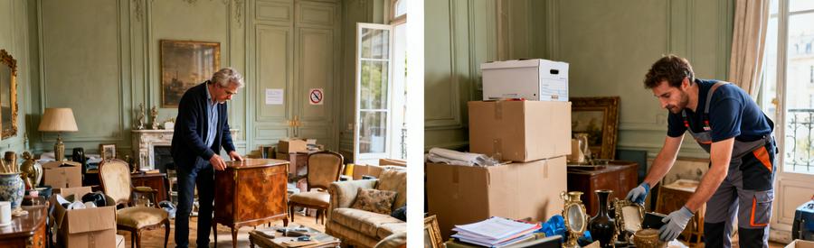 Héritier inspectant des meubles dans un salon encombré à Châlons-en-Champagne, et un professionnel triant des objets pour un débarras.