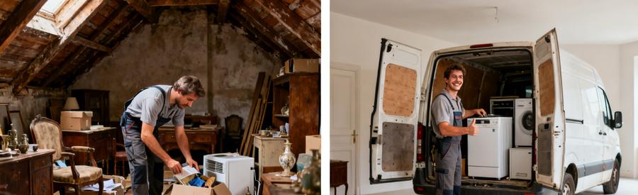 Un professionnel du débarras triera des objets dans un grenier avant de charger des électroménagers dans une camionnette.