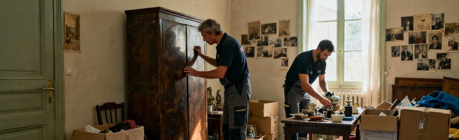 Professionnel du débarras dans un appartement encombré, triant des meubles et cartons après une succession.