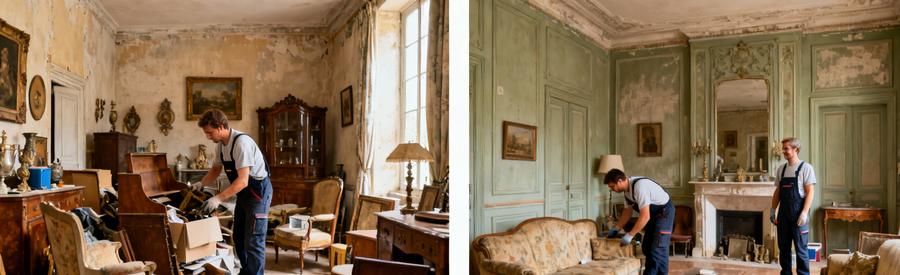 Débarras professionnel dans une maison ancienne de Charente avec tri d'objets et espace dégagé.