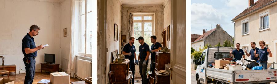 Trois scènes illustrant le processus de débarras à Charleville-Mézières : studio, maison spacieuse et chargement dans une camionnette.