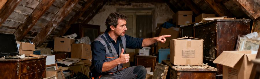 Un professionnel examine un grenier encombré, prêt à organiser un débarras efficace à Chartres.