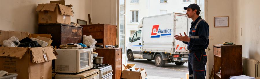 Un professionnel évalue un appartement T3 à Châteauroux, rempli de vieux meubles et cartons, prêt pour débarras.