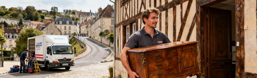 Un débarras à Chaumont avec des professionnels portant des meubles anciens dans une rue en pente, camion en arrière-plan.
