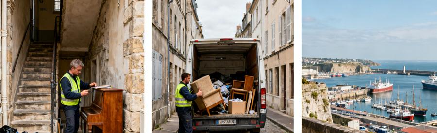 Professionnels du débarras travaillant dans un immeuble ancien de Cherbourg, chargement et panorama sur le port.