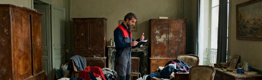 Professionnel du débarras dans un appartement ancien à Clermont-Ferrand, évaluant des meubles et objets avant tri.