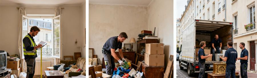 Processus de débarras à Clermont-Ferrand, évaluation, tri des objets et chargement dans un camion.