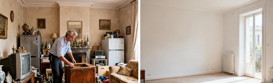 Avant et après le débarras d'un salon à Cluses, montrant un professional et un espace libéré.