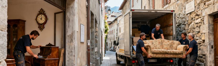 Professionnels du débarras dans une ruelle étroite de Cluses, examinant et chargeant des meubles anciens.