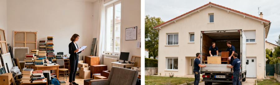 Débarras d'un studio étudiant encombré et chargement de meubles d'un pavillon familial par des professionnels.