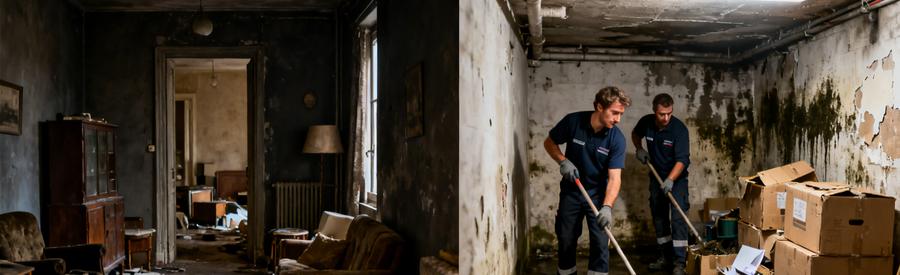 Débarras copropriété : appartement en désordre et cave humide nettoyée par des professionnels.