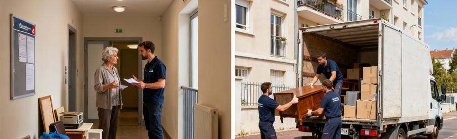 Débarrasseurs discutant avec un résident et évacuant des meubles d'un appartement en copropriété.