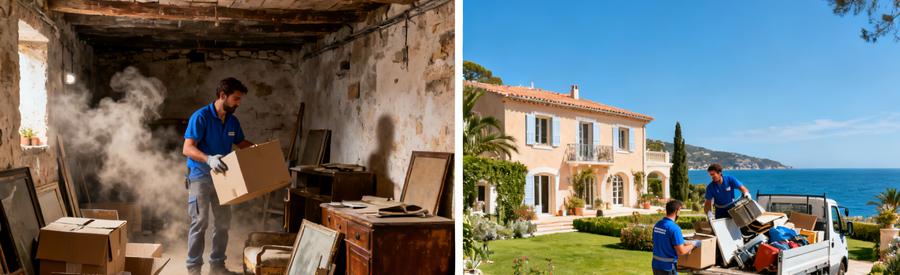 Scène de débarras en Corse-du-Sud : cave encombrée et villa sur la côte avec chargement d'objets.