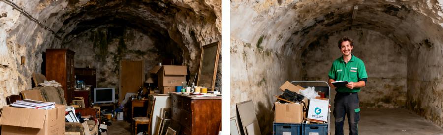 Avant-après d'un débarras professionnel dans une cave encombrée à Couëron, montrant le tri d'objets et l'espace dégagé.