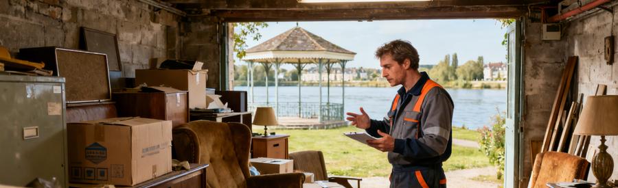 Un débarras professionnel inspecte une cave encombrée dans une maison des années 70 à Couëron, évaluation des objets.