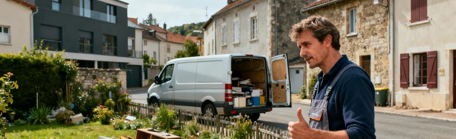 Un débarras professionnel inspecte un jardin désordonné à Cournon-d'Auvergne, avec une camionnette prête à charger des encombrants.