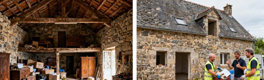 Avant et après d'une maison creusoise avec débarras de vieux meubles et encombrants par des professionnels.