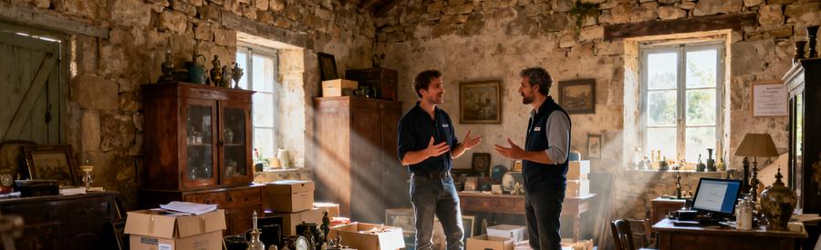 Professionnels évaluant des objets accumulés dans une maison ancienne en Creuse, ambiance rurale.