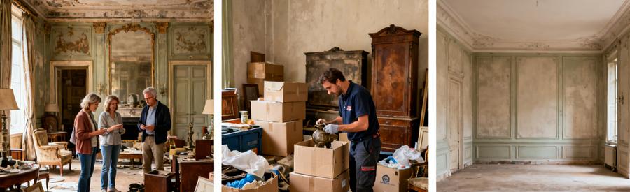 Début et fin d'un débarras de succession en Creuse, montrant un salon en désordre puis entièrement vidé par des professionnels.