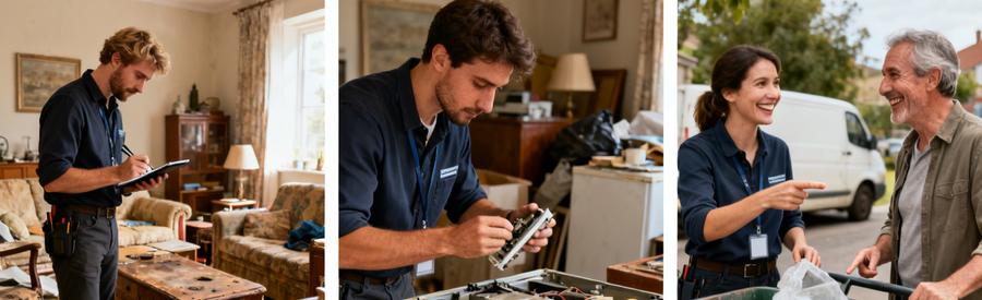 Professionnels évaluant meubles et électroménagers lors d'un débarras, discussion avec le propriétaire.