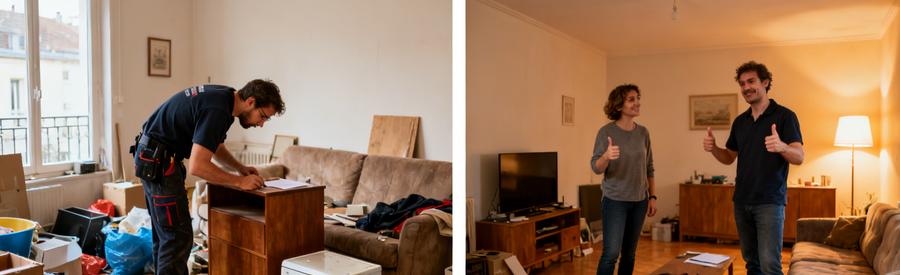 Professionnel du débarras inspectant des meubles dans un salon encombré, et le même salon propre et vidé après intervention.