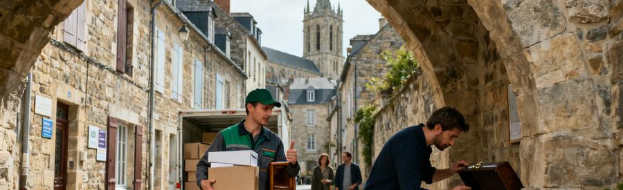 Professionnels du débarras en train de gérer des objets dans une rue étroite de Digne-les-Bains avec des maisons anciennes.