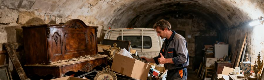 Professionnel évaluant des objets dans une cave ancienne à Dole, mettant en évidence l'accumulation d'objets.