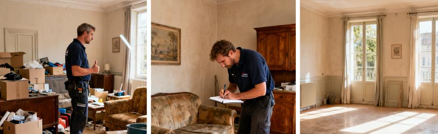Débarras professionnel évaluant des meubles et objets à Dole, suivi par un espace désencombré et propre.