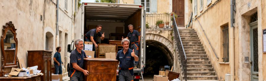 Débarras professionnel dans une rue étroite de Draguignan, meubles et cartons déplacés.