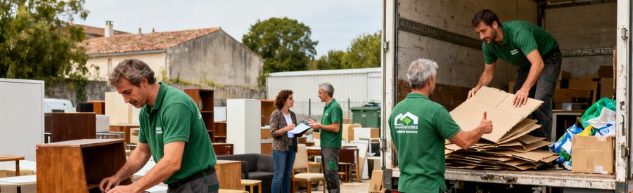 Professionnels du débarras à Libourne triant des objets pour réemploi et recyclage dans une démarche éco-responsable.