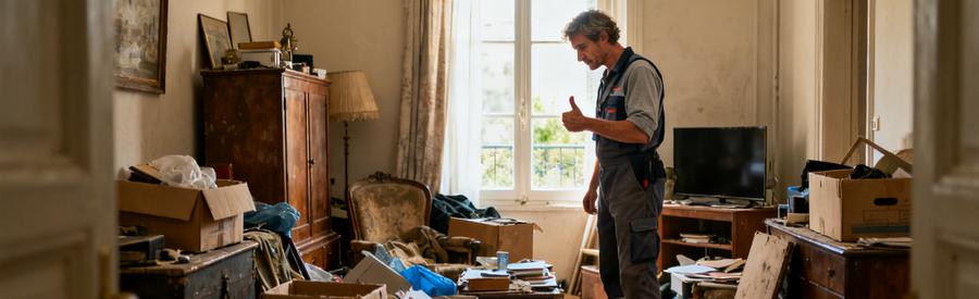 Logement encombré à Pessac avec un professionnel du débarras évaluant le désordre.