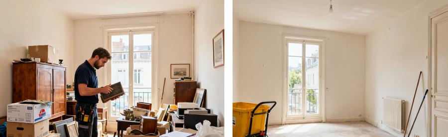 Comparaison de l'avant et après un débarras d'appartement à Évreux, montrant le tri et le nettoyage.