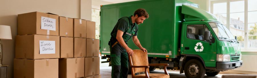 Professionnel du débarras à Évreux examinant des meubles et triant des cartons pour le recyclage et les dons à des associations.