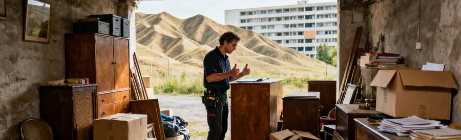 Un professionnel inspecte des meubles et cartons dans une cave d'une maison à Firminy avec vue sur un immeuble de Le Corbusier.