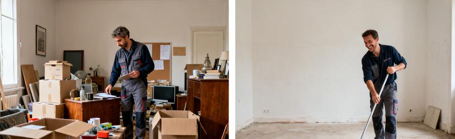 Avant-après d'un débarras professionnel dans une pièce, montrant l'évaluation puis un espace vide et propre.
