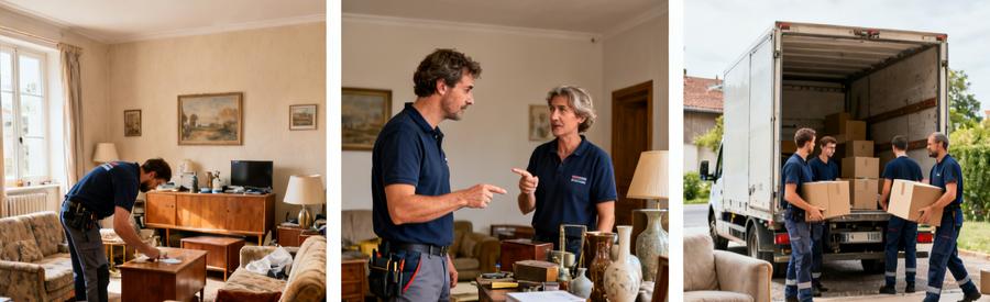 Débarras à Firminy présenté en trois étapes : évaluation, discussion et évacuation des objets.