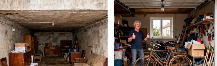 Comparaison entre un sous-sol encombré et un garage d’un pavillon, illustrant le débarras à Firminy.