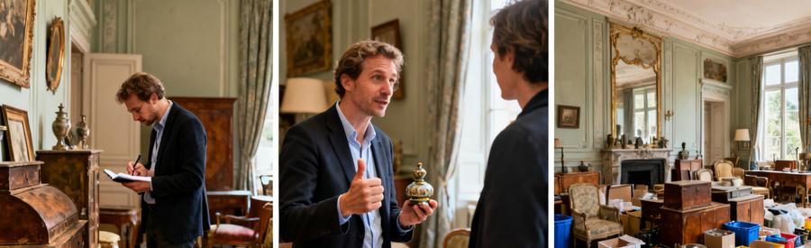 Un professionnel évalue des objets dans un salon, mettant en avant le processus d'estimation pour un débarras à Fougères.