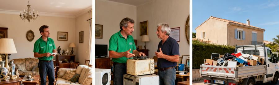 Un professionnel évalue des objets dans un salon à Frontignan, discutant des possibilités de débarras avec un client.