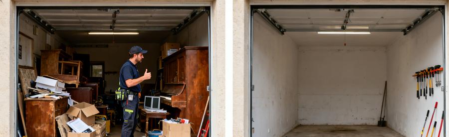 Avant/après d'un garage, une scène de débarras avec un professionnel et un espace nettoyé.