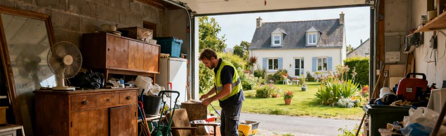 Professionnel inspectant un garage encombré d'objets à Ploemeur, mettant en avant le contexte résidentiel de la région.