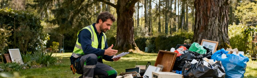 Professionnel du débarras examine des objets en plein air près de la forêt de Haguenau, sacs de déchets triés autour de lui.
